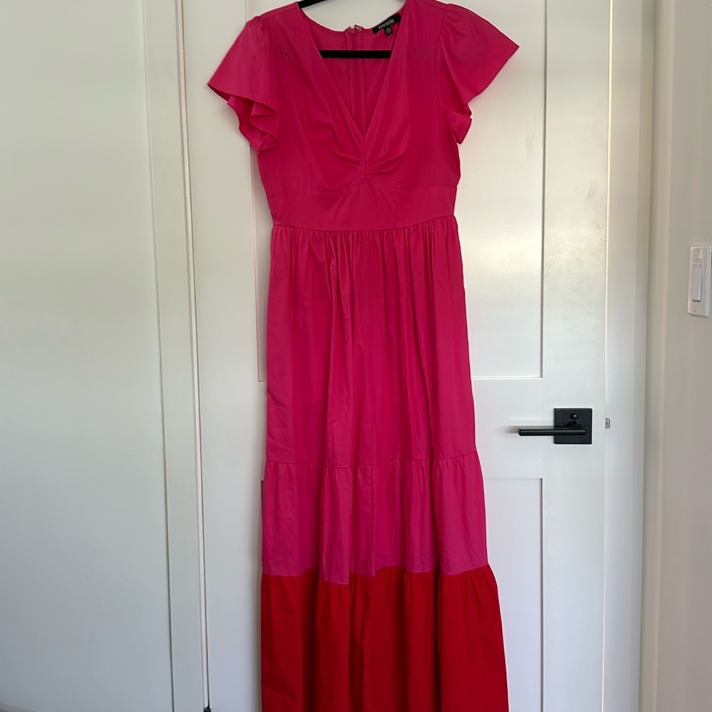 Kensie Hot Pink & Red V-neck Maxi Dress 0